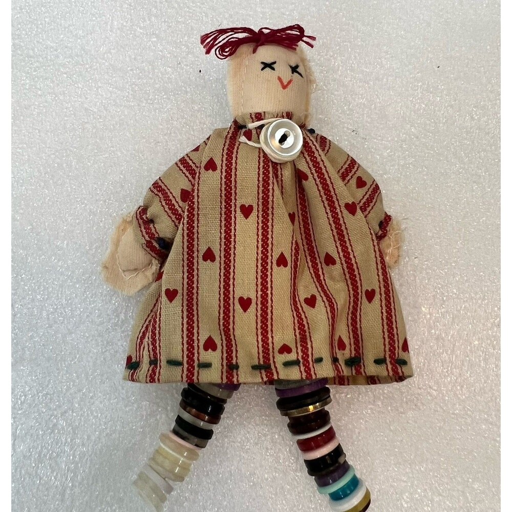 Vintage Primitive Rag Doll Button Legs Heart Calico Dress Country Folk Art Small